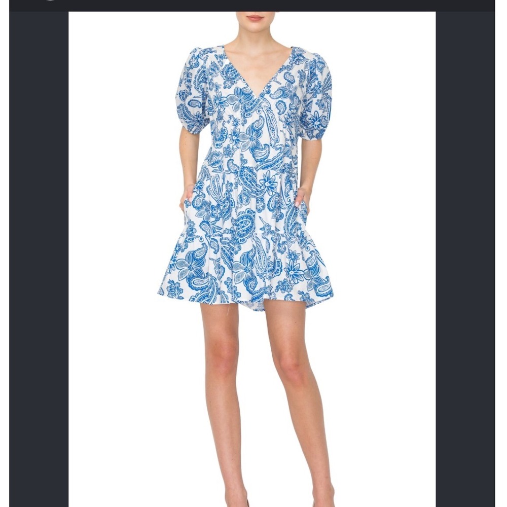 Melloday Blue White Paisley Mini Dress Puff Sleeve Cutout Back NWT Size Small